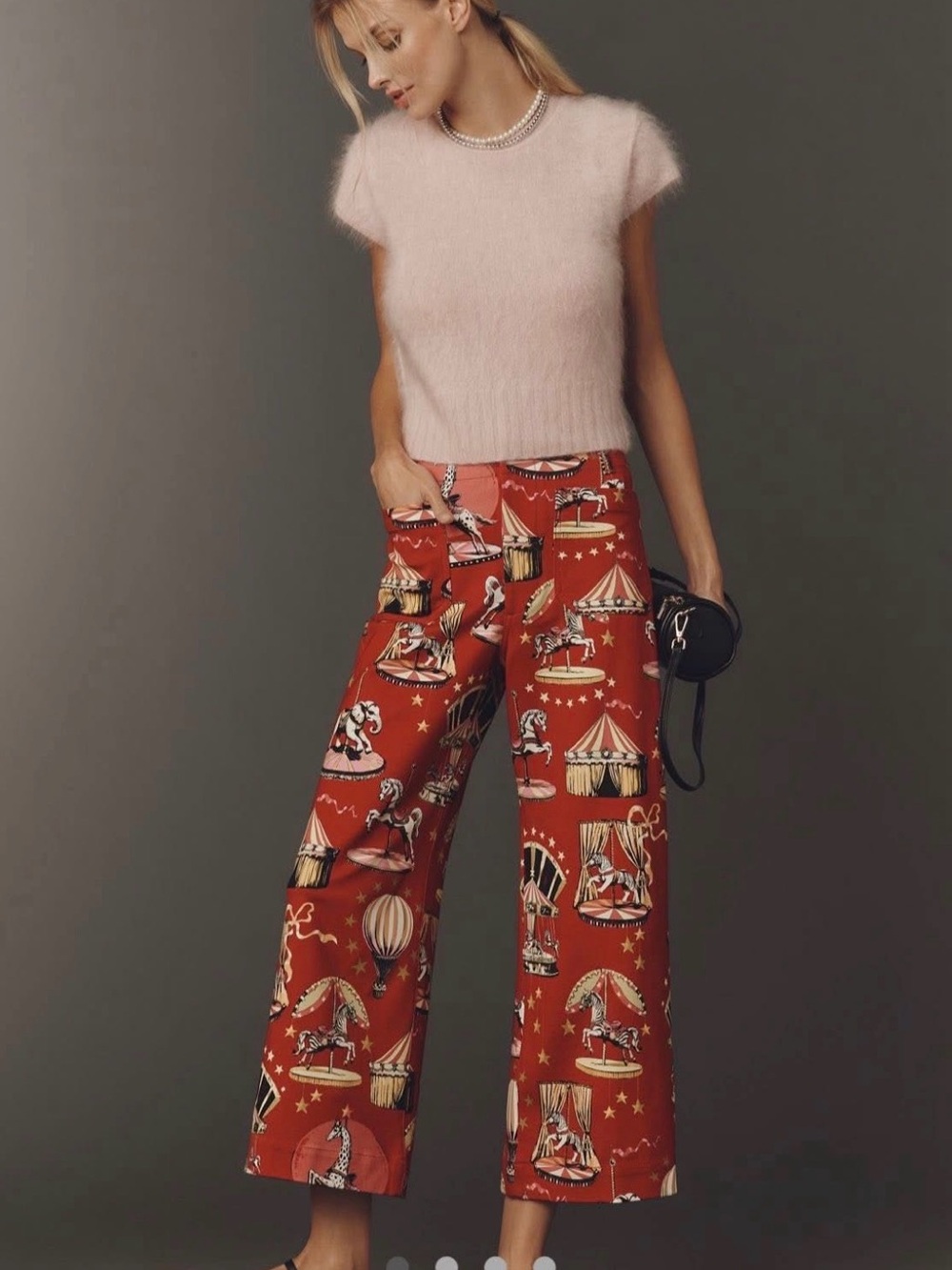Wide-Leg Red Circus-Print Trousers